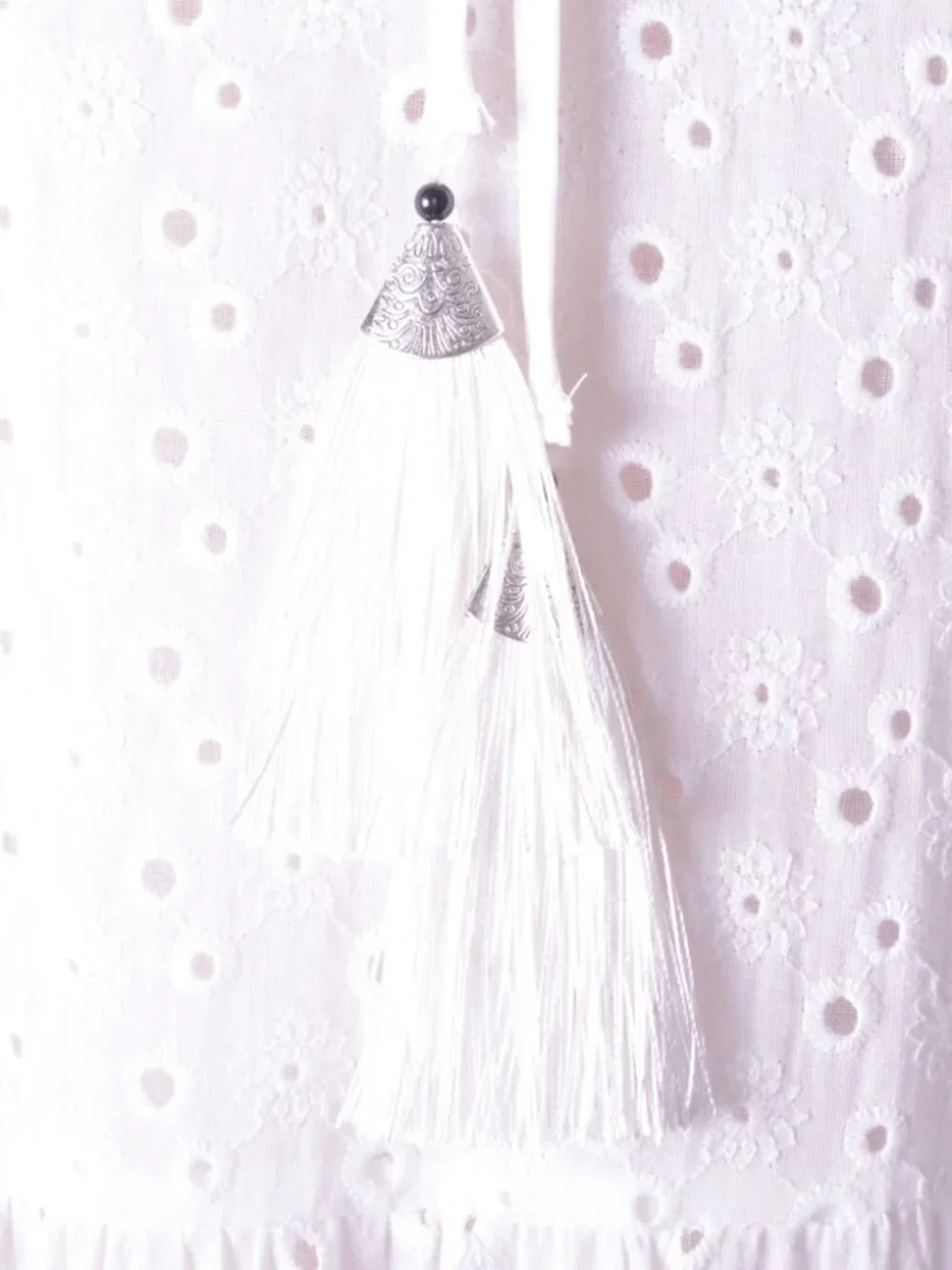 White Tiered Crochet Eyelet Fringe Bohemian Sleeveless Bow Summer Long Dress - Picture 2 of 11